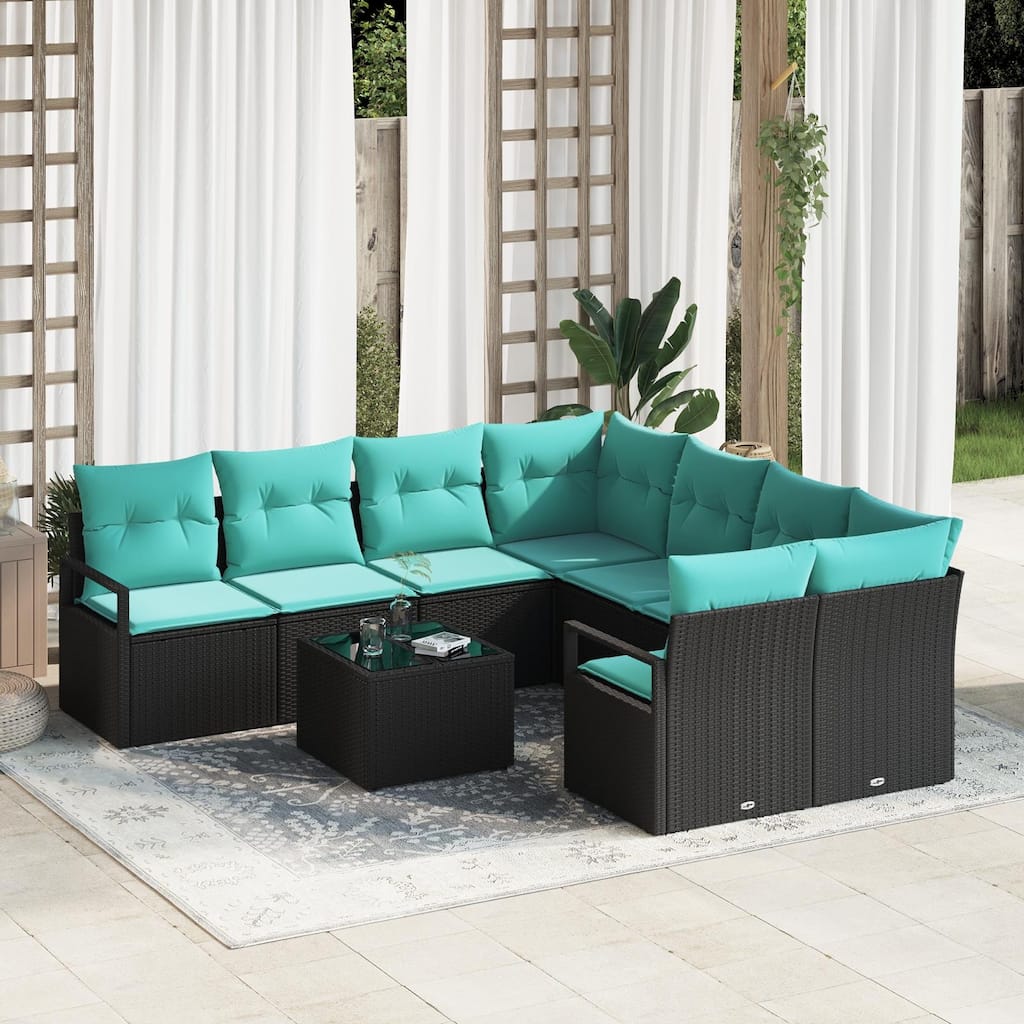 vidaXL 9 Garden Sofa Set with Cushions Black Poly Rattan - 91.3 x 92.1 x 27.2