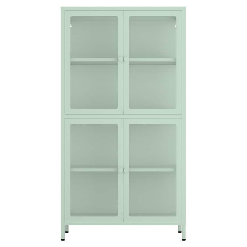 Storage Cabinet with 4 Glass Doors, Modern Sideboard Cabinet with Adjustable Shelves & Steel Feet, Accent Cabinet for Kitchen