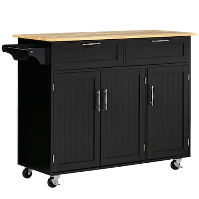 Mobile Kitchen Island on Lockable Wheels, Rolling Storage Trolley with Wood Top, Adjustable Shelves, 2 Drawers & 3 Door Cabinet