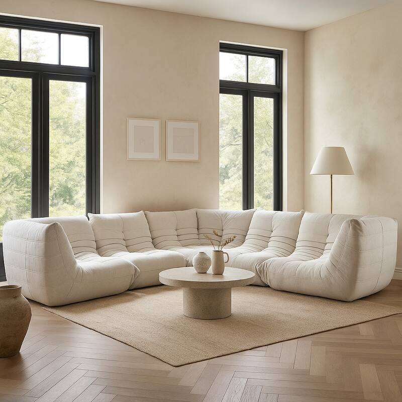 Ezee 5pc Modular L Shaped Sofa, Low Profile Floor Seating Cream Pleated Polyester