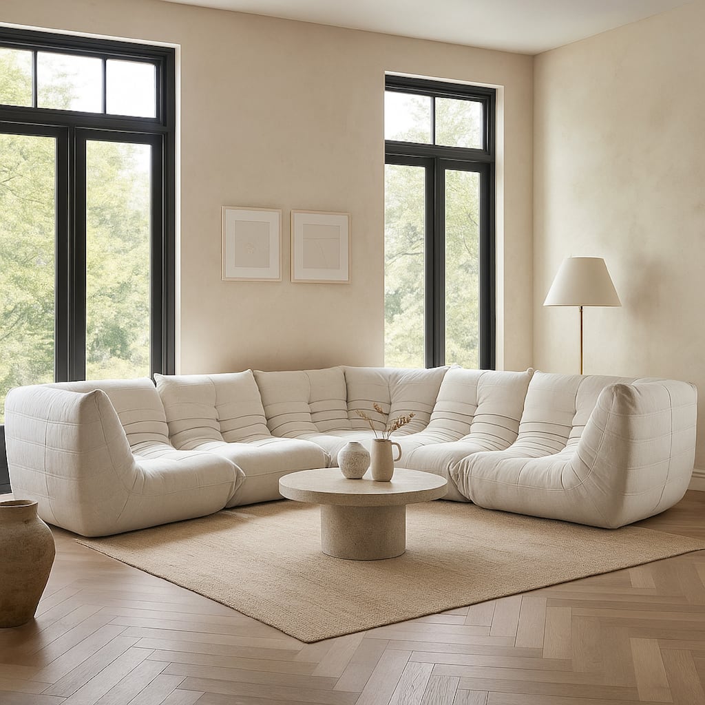 Ezee 5pc Modular L Shaped Sofa, Low Profile Floor Seating Cream Pleated Polyester