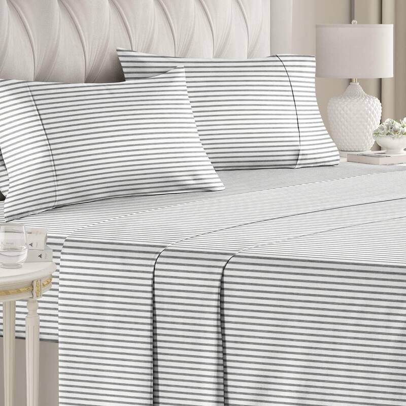 CGK Linens 4 Piece Solid Microfiber Deep Pocket Soft Bed Sheet Set - King - Grey Stripes 2