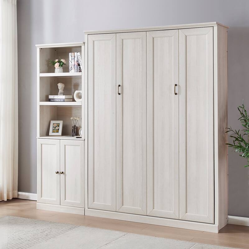 Space-Saving Modern Murphy Bed with Dual Piston Lift - Foldable Platform Bed Convertible Hidden Cabinet Design Cube Cabinet Bed - Rustic White with Cabinet - Queen