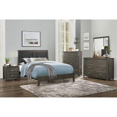 Contemporary Bedroom Set 5pc Bed Two Nightstands Dresser Mirror Dark Gray