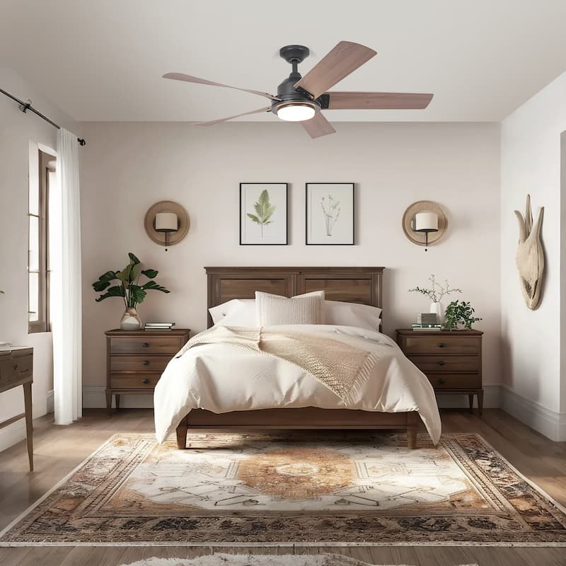 52" Modern Black Ceiling Fan with Dimmable LED Light and Remote