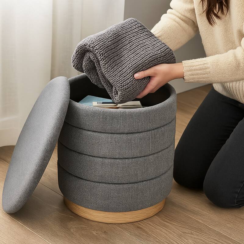 Modern Cylinder Ottoman with Hidden Storage Linen Upholstery Seat