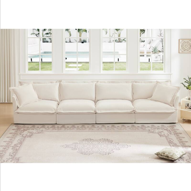 Modern 4 Seater Upholstered Sofa with 2 Pillows