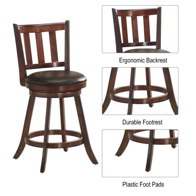 2 Pieces 360 Degree Swivel Wooden Counter Height Bar Stool Set with Cushioned Seat - 25 Inch