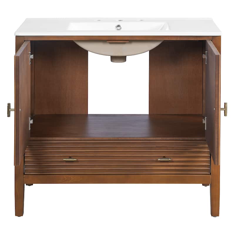 Christopher Knight Home - Mid-Century Freestanding Bathroom Vanity with Ceramic Sink, Flip-Up & Dual Drawers