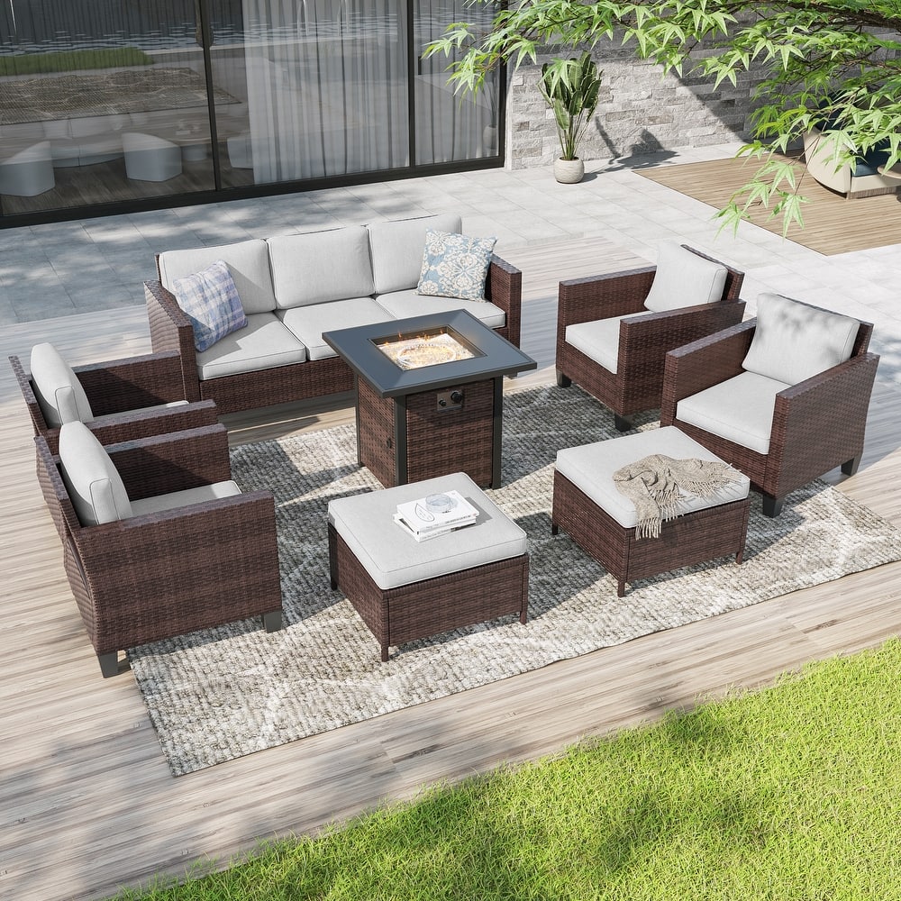 Livoosun 8 Pieces Patio Sofa with 28'' Fire Table Set, PE Wicker, Wide Armrests High Back Sofa Chair Design for Lawn, Patio