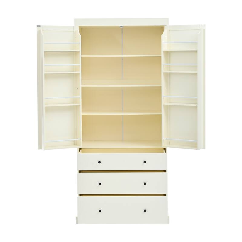 Kitchen Pantry Cabinet with 8 Doors Shelves, Wood Storage Cabinet with 3 Storage Drawers, Cupboard with Adjustable Shelves