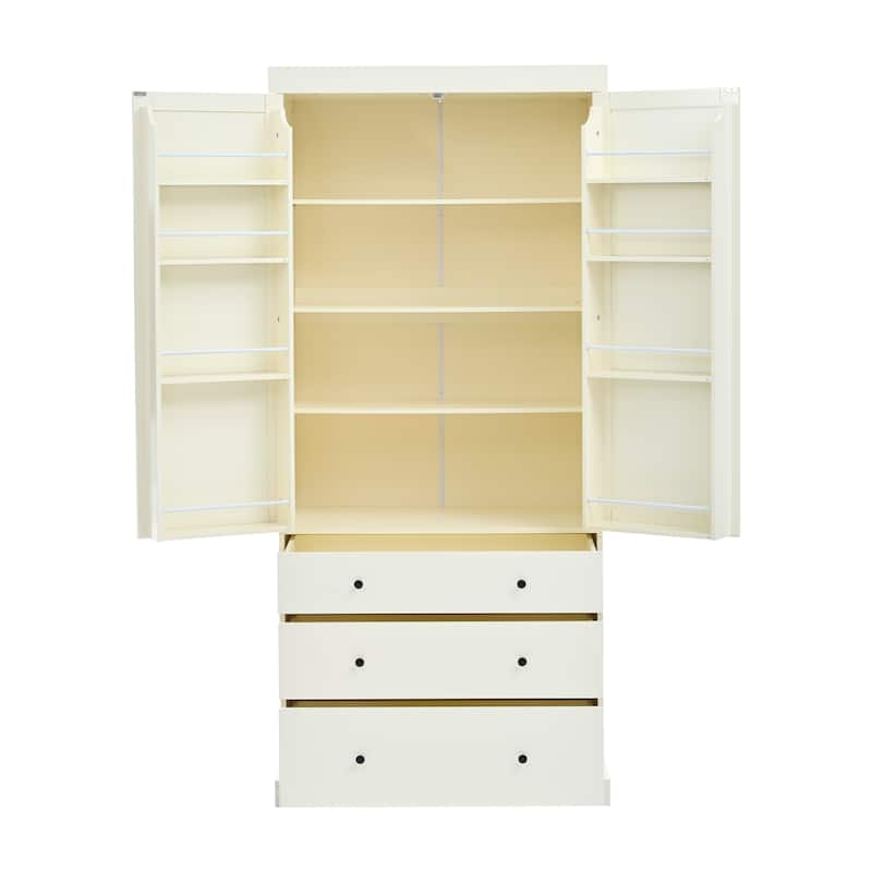 Kitchen Pantry Tall Storage Cabinet w/ Adjustable Shelves & 3 Drawers