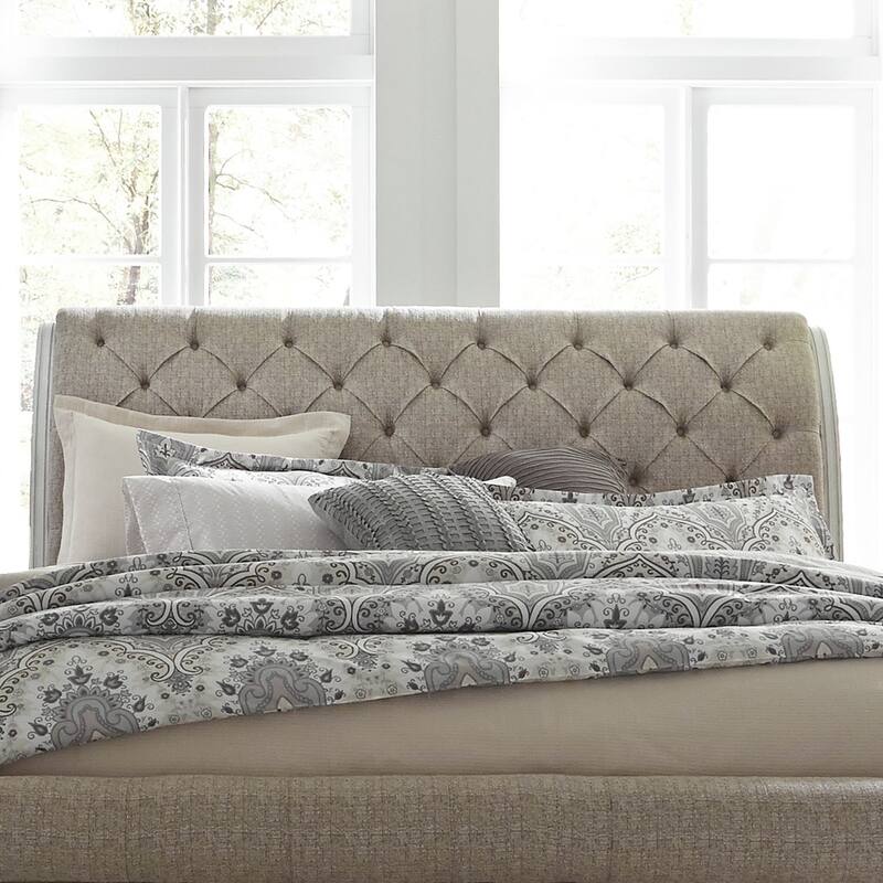 Magnolia Manor Antique White Weathered Bark Upholstered Sleigh Headboard, King or Queen