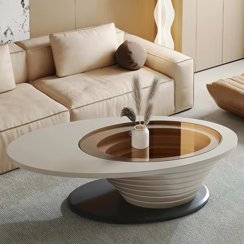 Light Luxury Modern Minimalist Oval Glass Tabletop Coffee Table Gray Base 51 in. - L 51.18'×W 25.59'×H 14.37'