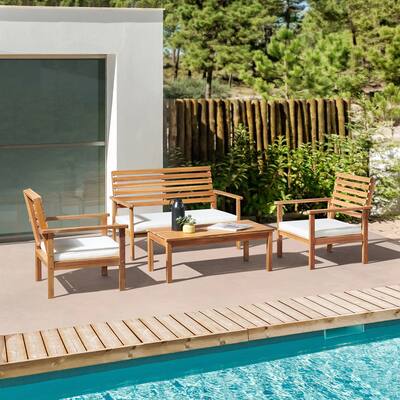 Orwell Outdoor Acacia Wood Conversation Set with Bench and Two Chairs with Cushions and Cocktail Table, Set of 4