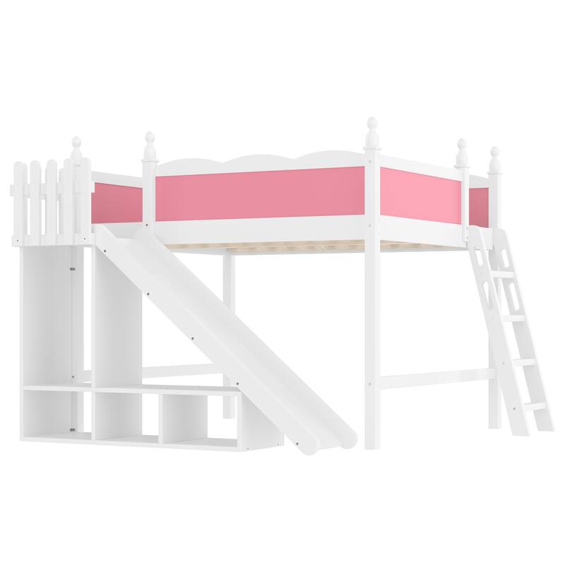 Fun Play Loft Bed for Kids with Open Shelves and Wardrobe, Solid Wood Storage Bed Frame with with Detachable Slide and Ladder
