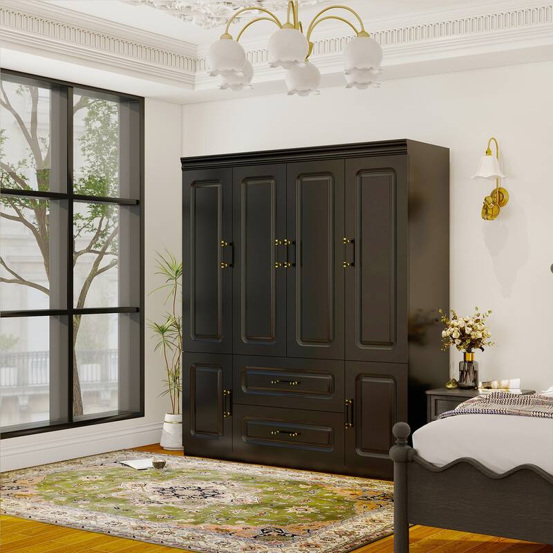 4 Door Armoire Wardrobe Closet with Drawer and Hanging Rod, Wooden Black Bedroom Armoire Closet, 70.87" H x 61.42" W x 20.47" D