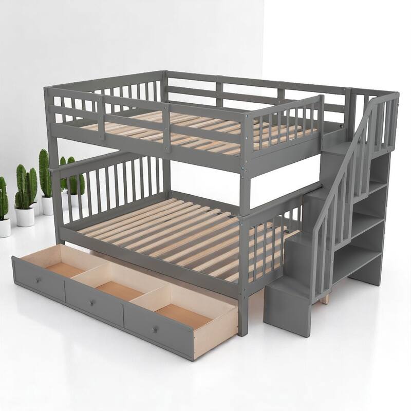 Full Over Full Bunk Bed with Storage Staircase and Shelves, Convertible Design, No Box Spring Needed,kid beds