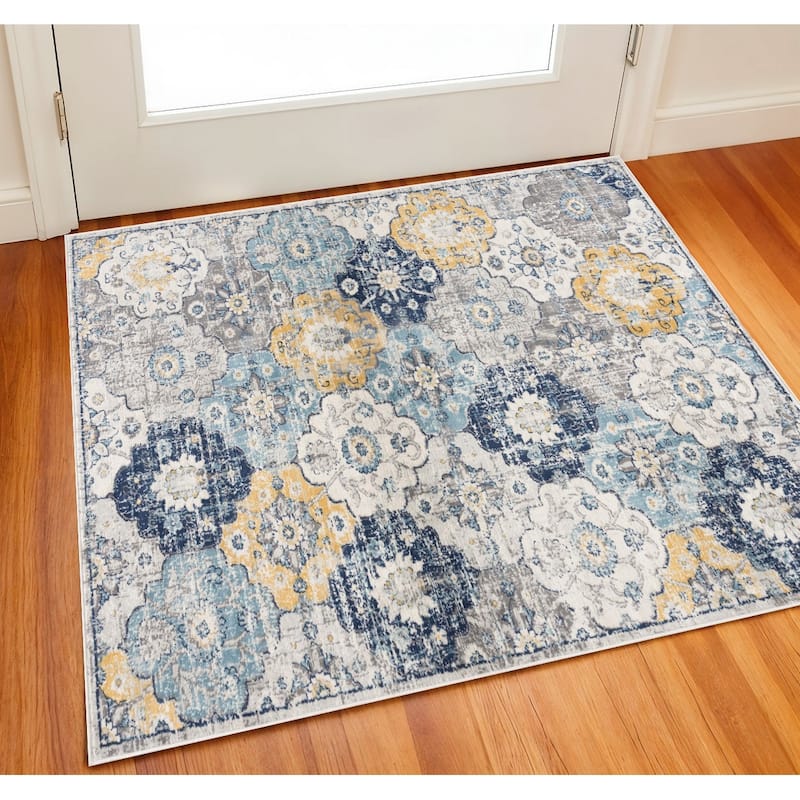 HomeRoots Floral Mid-Century Square Area Rug - 27.00 in. x 24.00 in.  x 0.40 in.