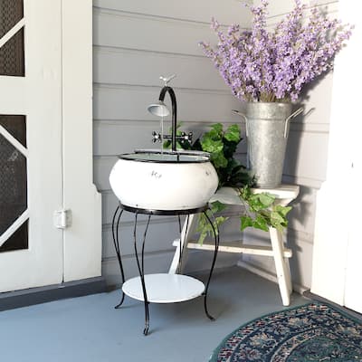 Alpine Corporation 32" Tall Outdoor Antique Metal Sink Water Fountain and Stand, White