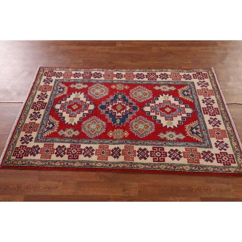 Geometric Kazak Oriental Accent Rug Handmade Red Wool Carpet - 3'3"x 5'0"