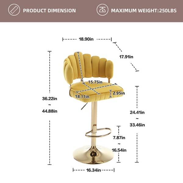 dimension image slide 2 of 6, HOMEFUN Velvet Swivel Adjustable Height Scallop Bar Stools With Footrest(set of 2)