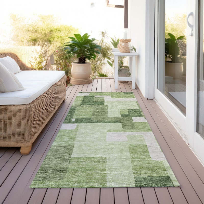 Machine Washable Indoor/ Outdoor Chantille Contemporary Blocks Rug - Green - 2'3" x 7'6"
