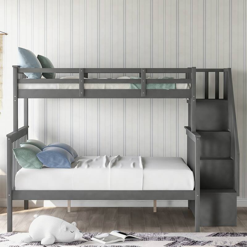 Twin-Over-Full Bunk Bed with Built-In Stairway Storage, Ideal for Kids & Teens
