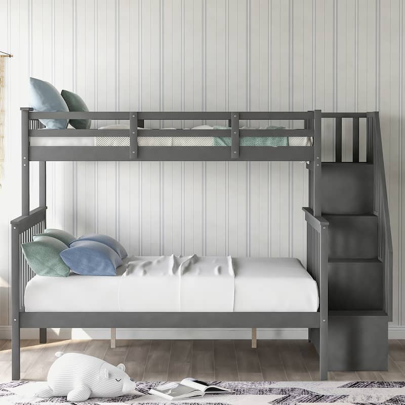 Twin Over Full Bunk Bed with Storage Stairs, Full-Length Guardrail