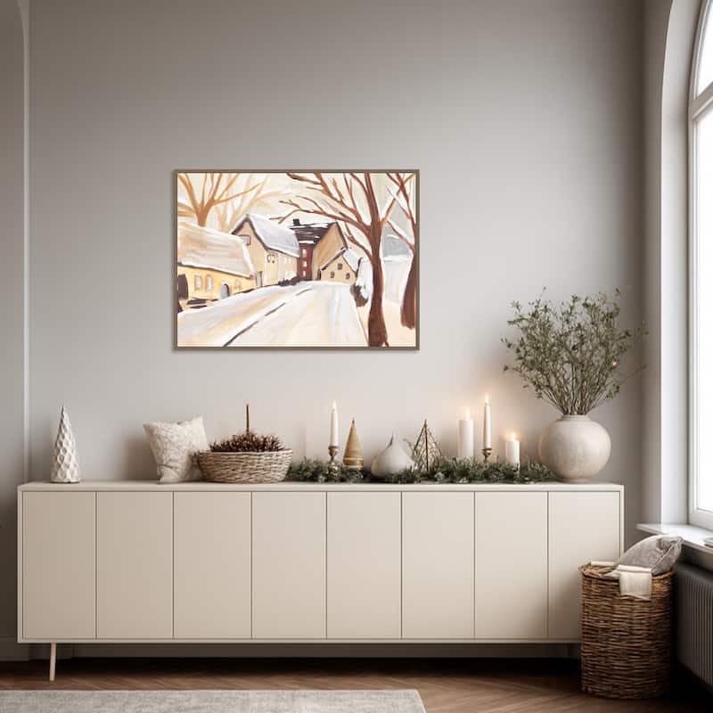 Snowy Street I by Annie Warren Framed Canvas Wall Art Print - Sylvie Dark Gold