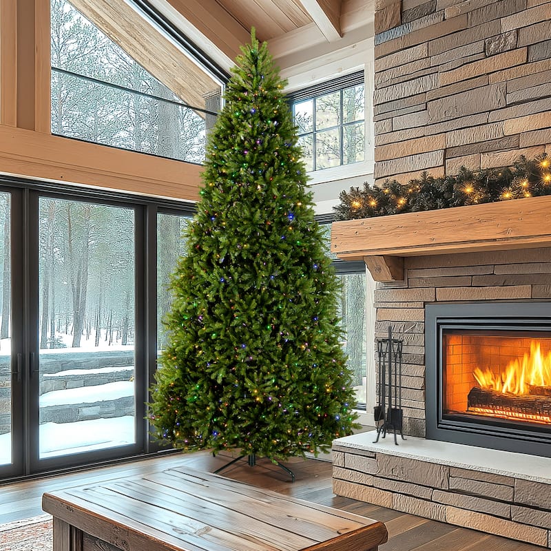 National Tree Company 12 ft Pre-Lit Dunhill Fir Artificial Christmas Tree, 1,200 LED Lights, PowerConnect, Includes Stand, Green
