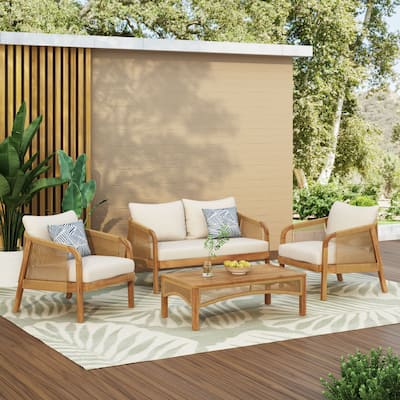 4-Pieces Acacia Wood Patio Furniture Set, Outdoor Furniture with Coffee Table, Patio Conversation Set Deep Seating