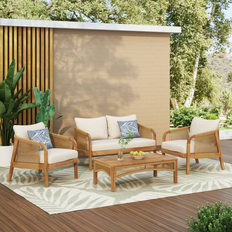 4-Pieces Acacia Wood Patio Furniture Set w/ Coffee Table Conversation Set for Garden, Backyard Porch Balcony - Beige