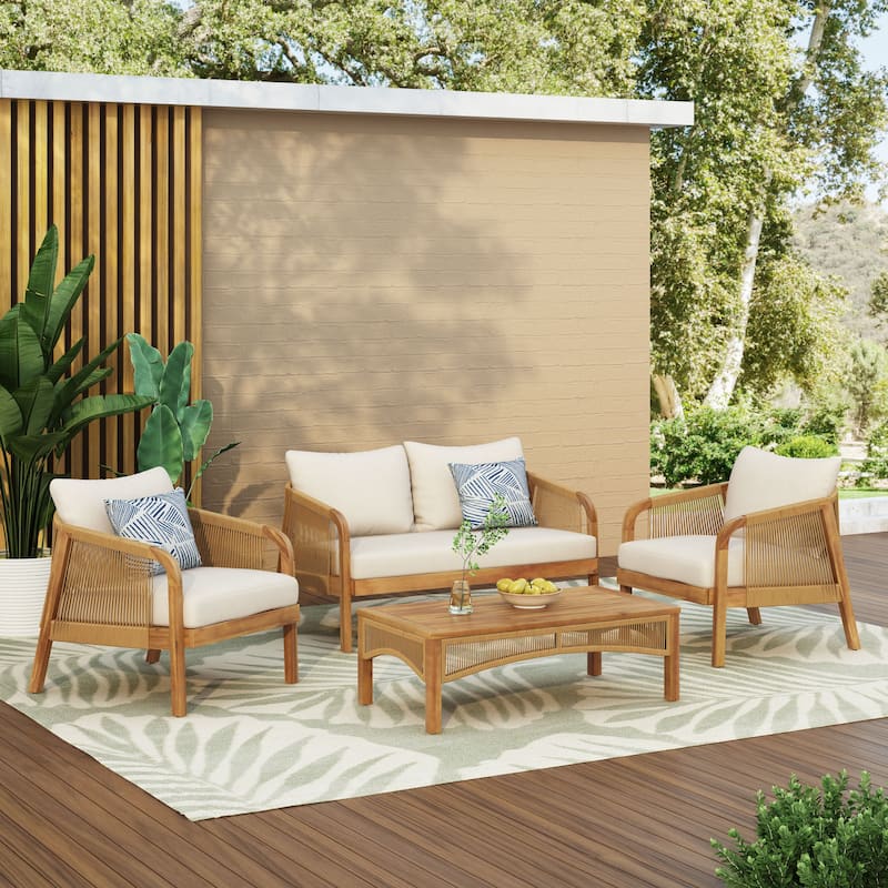 Jabe Outdoor Acacia Wood and Wicker 4 Seater Chat Set by Christopher Knight Home - 26.25" L x 30.50" W x 27.50" H - Teak/ Light Brown/ Beige