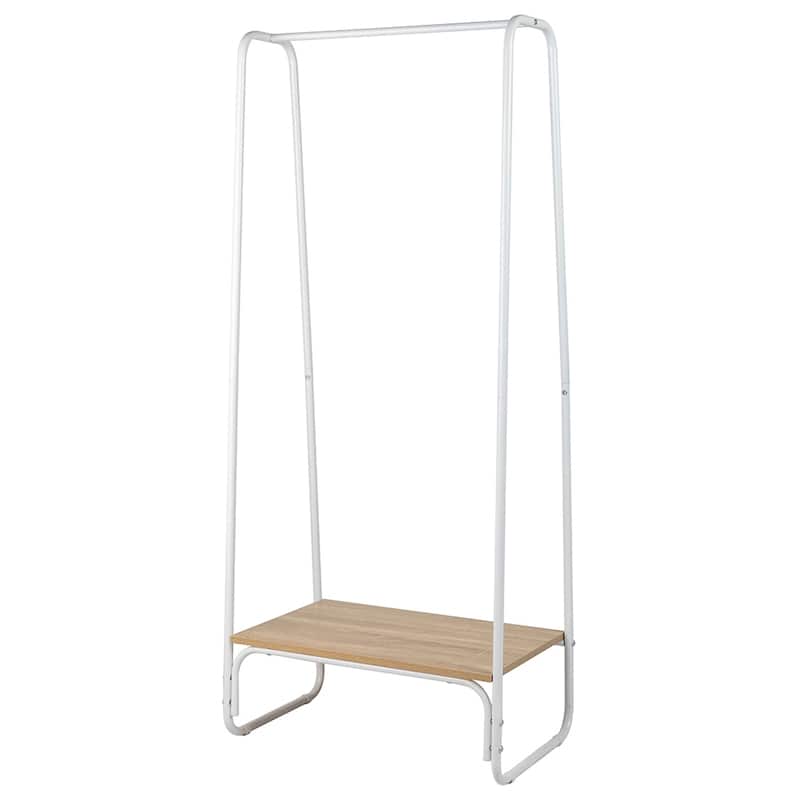 Freestanding Metal Clothing Rack with One Wood Shelf - White+Natural