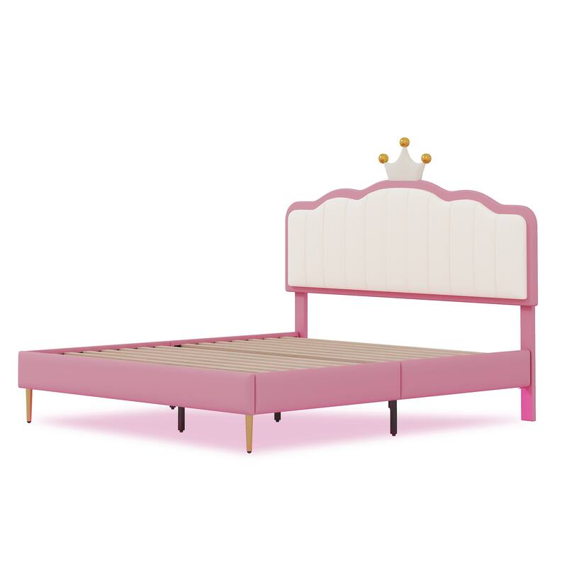 Twin/Full Size Upholstered Kids Princess Bed with Crown Headboard, PU Leather Platform Bed Frame with Light Strips