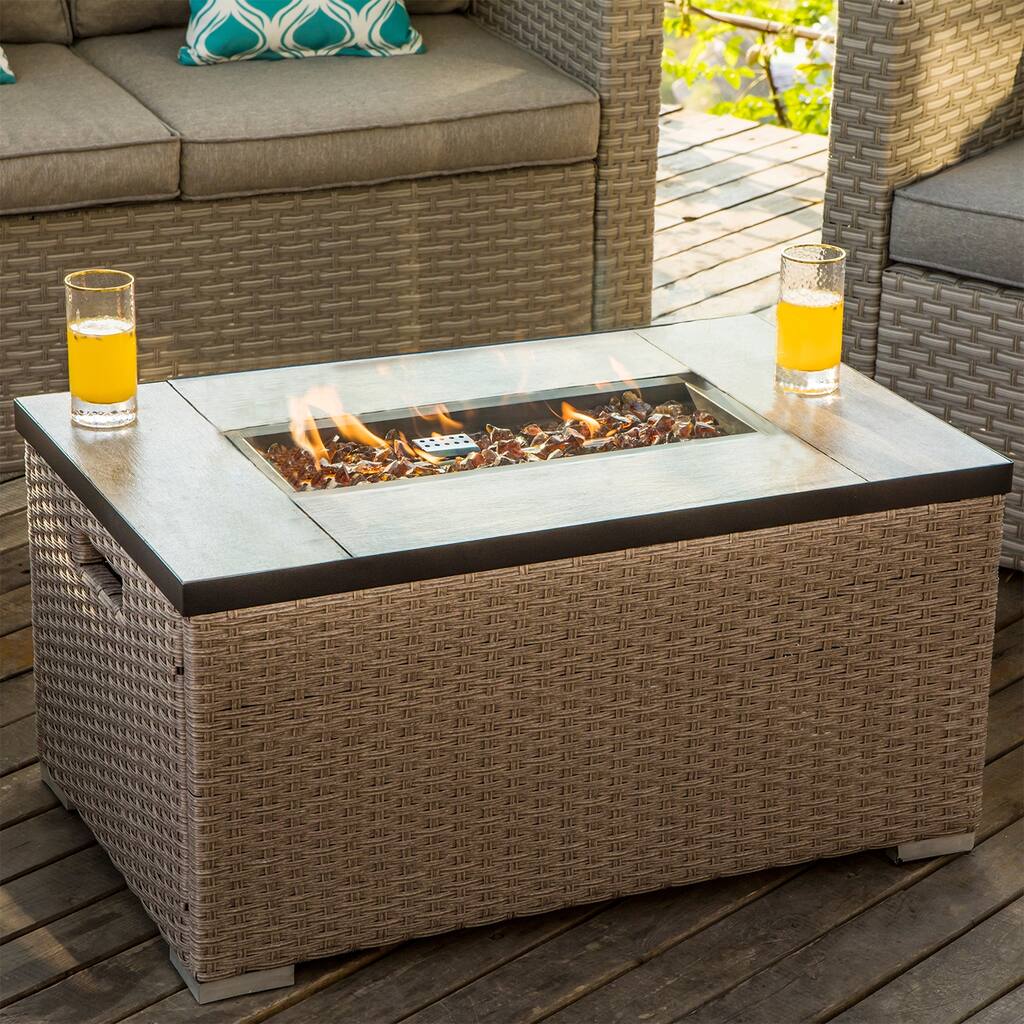 COSIEST Outdoor Rectangle Wicker Fire Pit Table, Fits 20 lbs Propane Tank Outside - 20" W x 32"L x 16"H