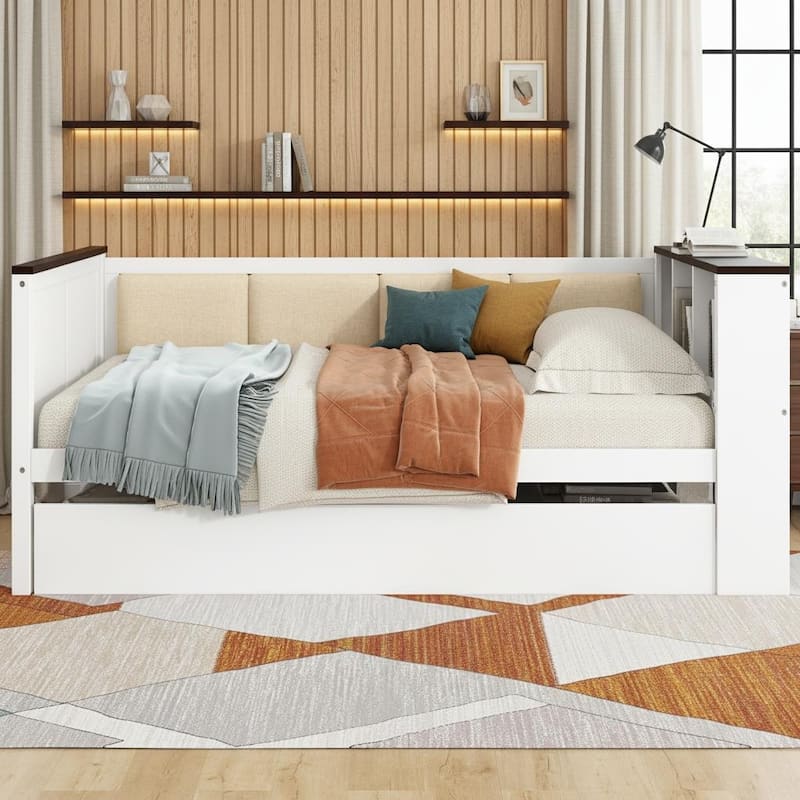 Wood Daybed with Storage Shelves, Charging Station & Upholstered Back by Harper&Bright Designs