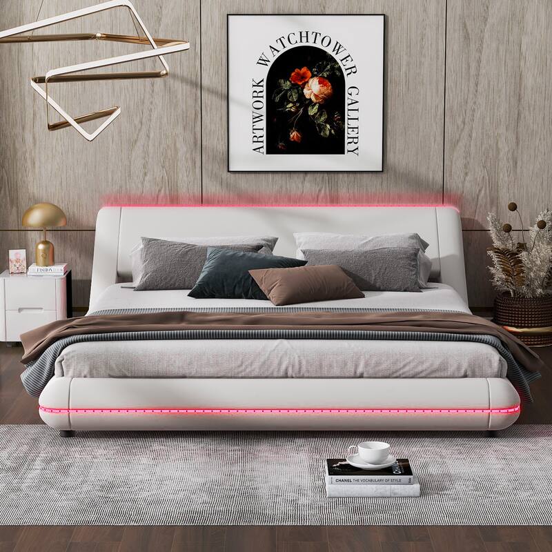 Queen Size Upholstery Platform Bed Frame with Sloped Headboard, Built