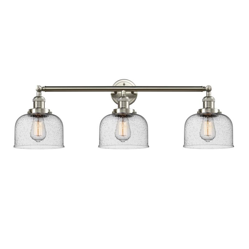 Innovations Lighting Large Bell 3 Light 32" Wide Bathroom Vanity Light - Brushed Satin Nickel / Seedy