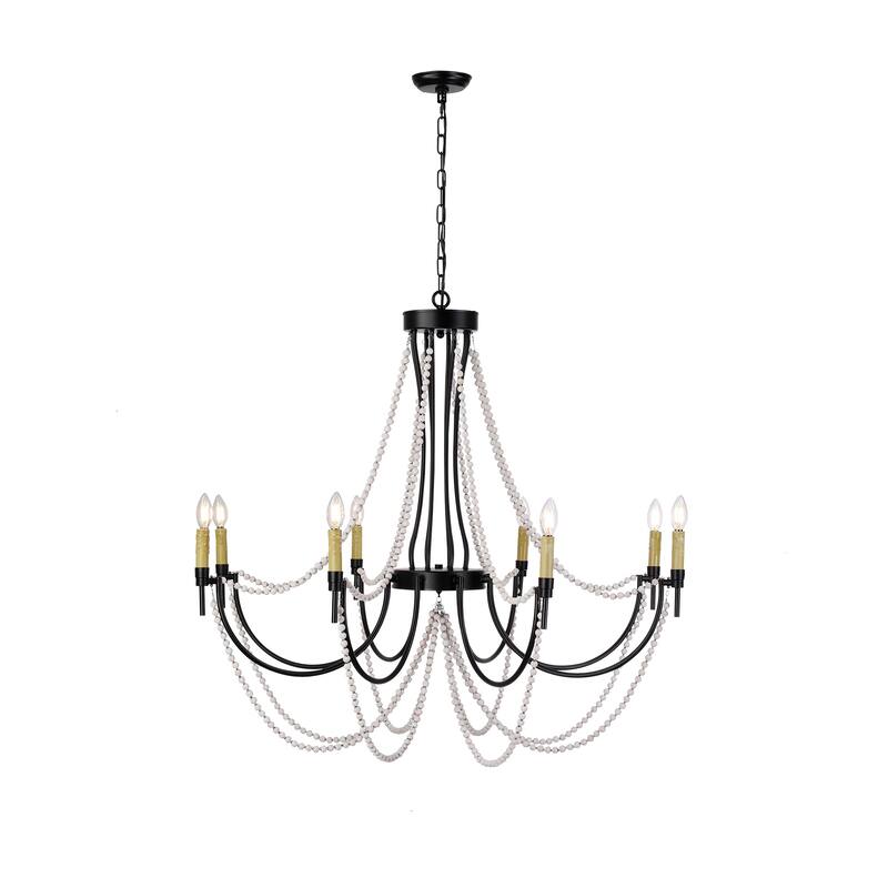 Rustic Beach Chandelier with Wooden Bead Strands | Matte Black 8-Light Dining Room Fixture - Satin Black
