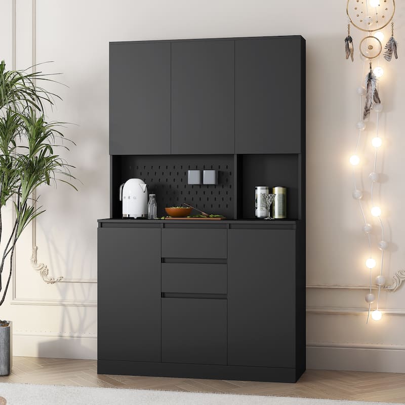 Freestanding Kitchen Pantry Cabinet with Charging Station, Buffet Sideboard with Drawer, Coffee Bar Cabine with Lights