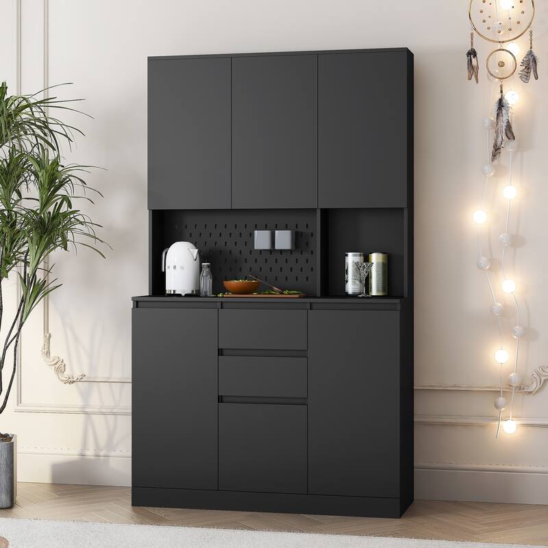 Roomfitters 74" Kitchen Pantry Cabinet with Charging Station & USB Ports, Large Food Storage Cupboard, Microwave Stand