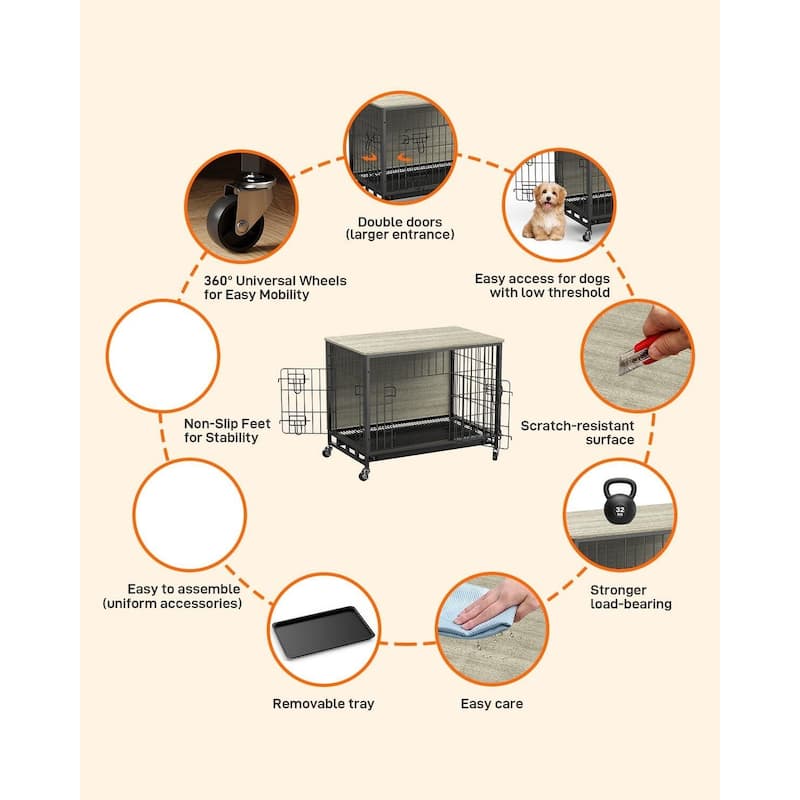 Dog Crate Furniture, Removable Tray and Wheels