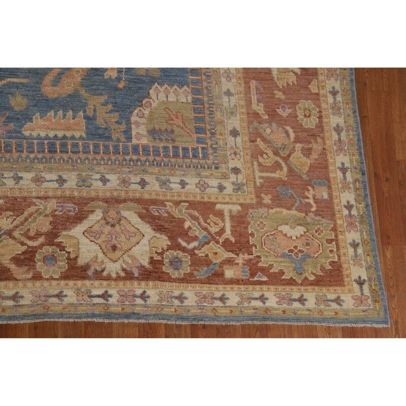 Hand Knotted Oriental 100% Wool Carpet Transitional All-Over Navy Blue & Blues Oushak Area Rug - 13' 11'' X 9' 9''