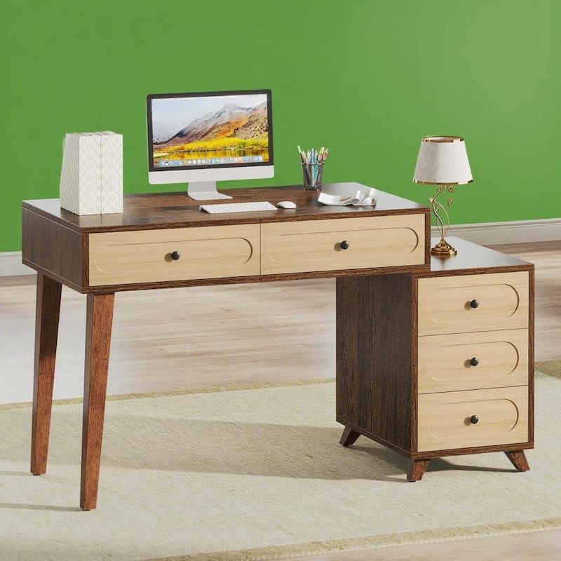 Brown Solid Wood Computer Desk 5 Drawers Spacious Home Office Table