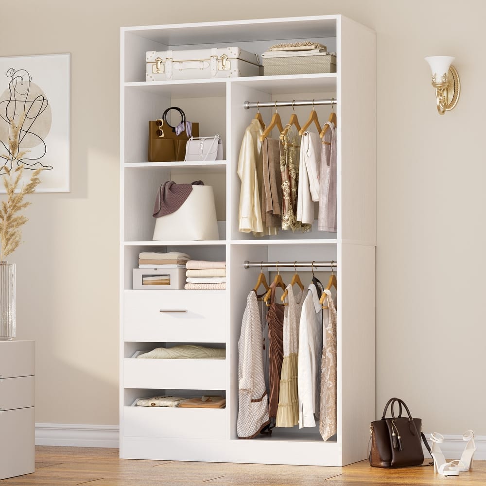 Qvella 36" Freestanding Closet System With 3 Drawers and 2 Hanging Rods,Multi-Purpose Wardrobe Closet Rack