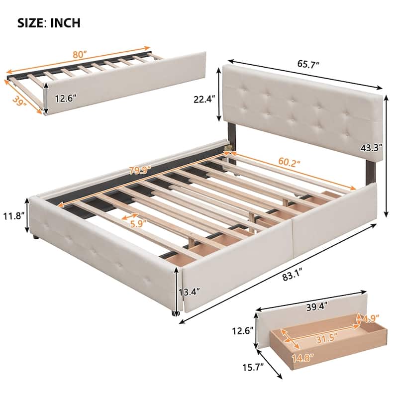 Upholstered Platform Bed with 2 Drawers and 1 Twin XL Trundle