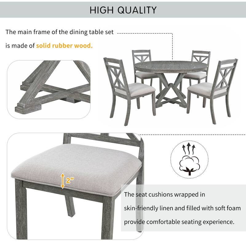 5-Piece Retro Dining Set, Extendable Round Table & 4 Upholstered Chairs