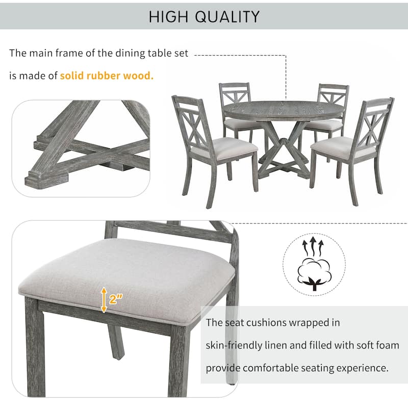 5-Piece Retro Functional Dining Table Set Extendable Round Table and 4 Upholstered Chairs for Dining Room and Living Room